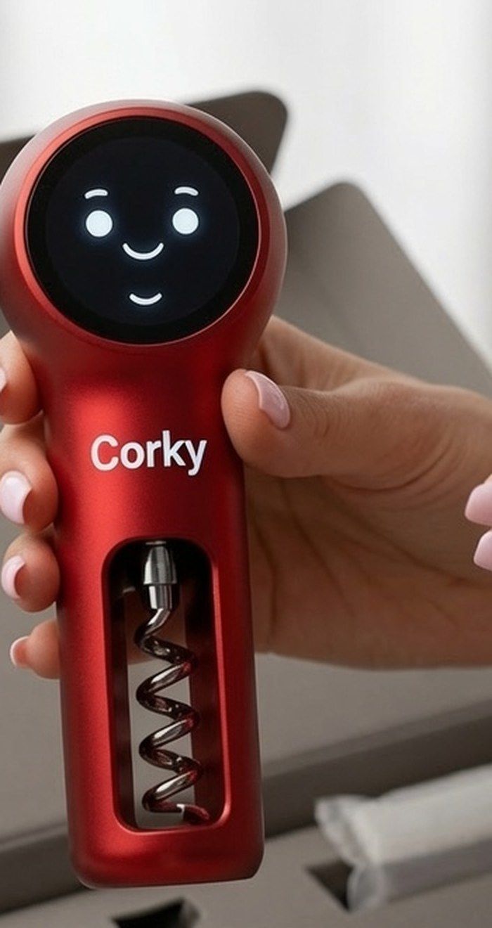 Corky held upright in a hand, its screen showing a smiling face