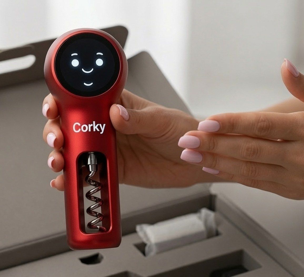 Corky, a red smart corkscrew with a round smiling display, held in a hand above its open gift box
