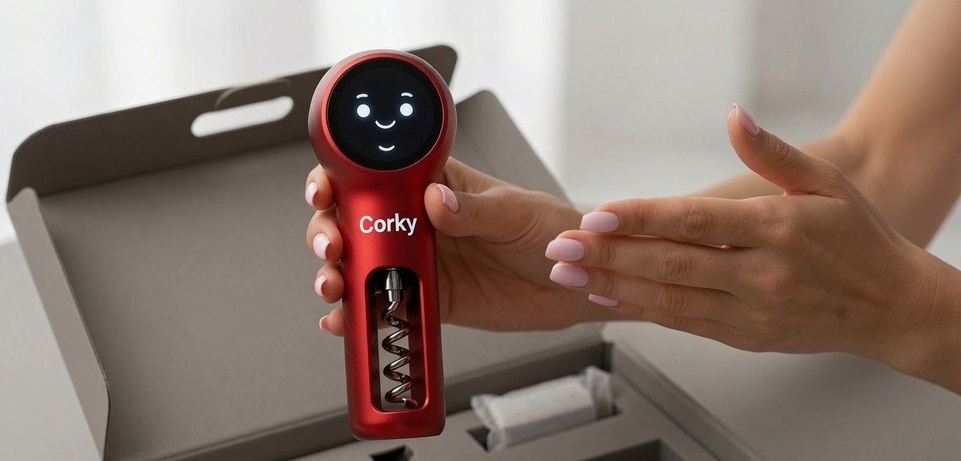 Corky lifted from its gift box by two hands