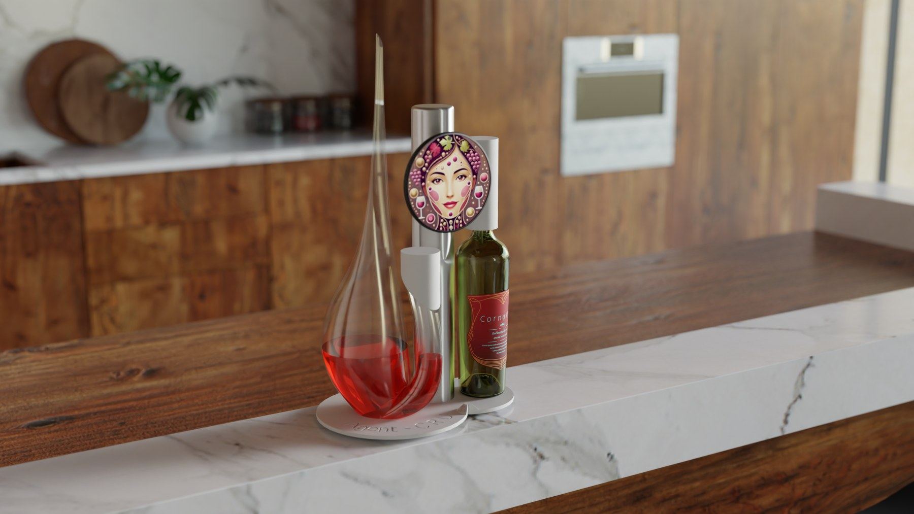 Agent Cru Pro, a countertop wine station beside a decanter and an open bottle on a kitchen worktop