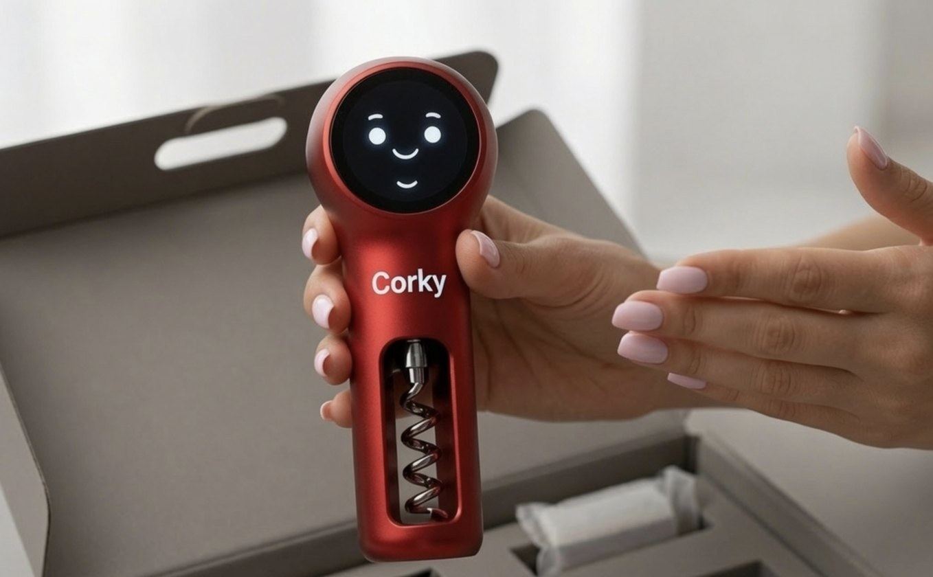 Corky being lifted out of its gift box